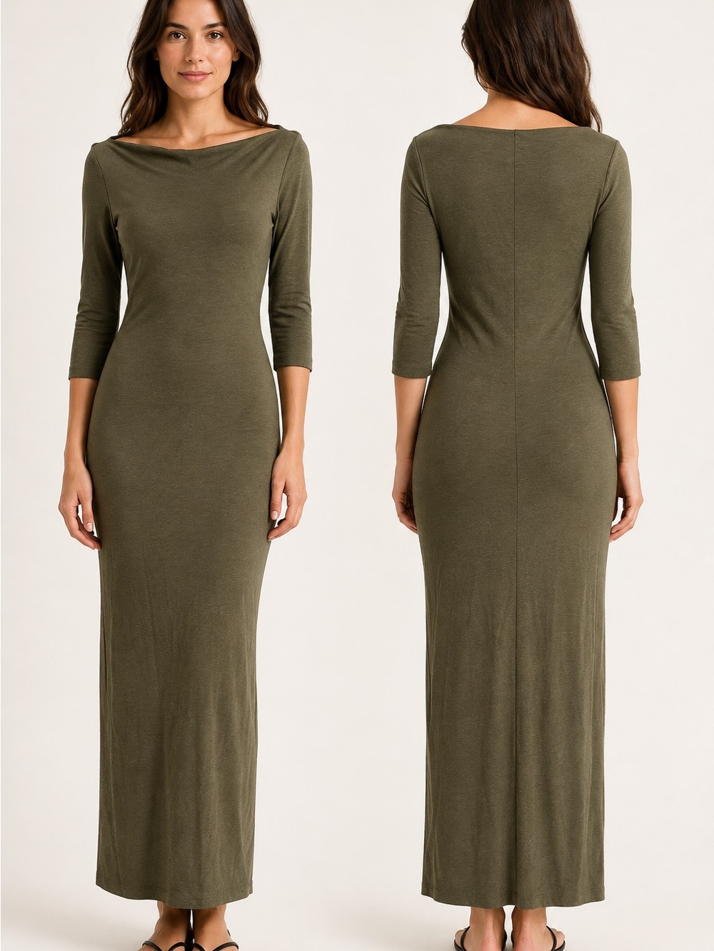 Vintage Tessuto Women’s Olive Green Maxi Dress Boat Neck 3/4 Sleeve Size S